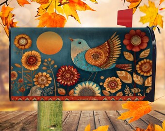 Bluebird Magnetic Mailbox Cover, Colorful Bird Folk Art with Flowers, Whimsical Songbird Decor