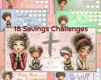 May include: A collection of 18 savings challenges featuring illustrations of children in prayer. Each card displays religious text such as Forgiven, Redeemed, Chosen, Blessed, and Created With A Purpose, alongside rows of heart icons for tracking savings progress.