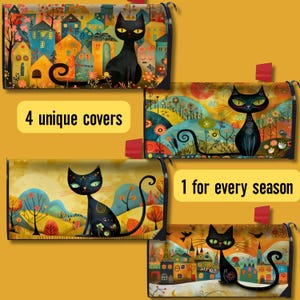 Whimsical Black Cat Folk Art Mailbox Covers – 4-Piece Outdoor Decor Bundle