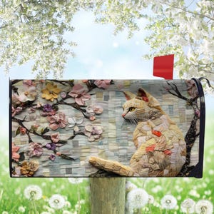 May include: A decorative mailbox featuring a cat design. The cat is sitting on a branch with floral accents. The mailbox has a red flag and is set against a background of flowers and a blue sky.