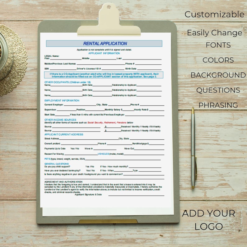 Pdf Rental Application Pic Printable Rental Application Form Editable Landlord Rental App Template ...