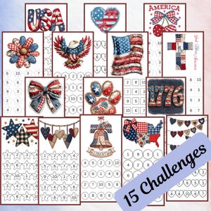 May include: A collection of patriotic-themed coloring pages featuring American flags, stars, hearts, and the text "USA", "America", "1776", and "Liberty". Each page includes number-based challenges. The phrase "15 Challenges" is also present.