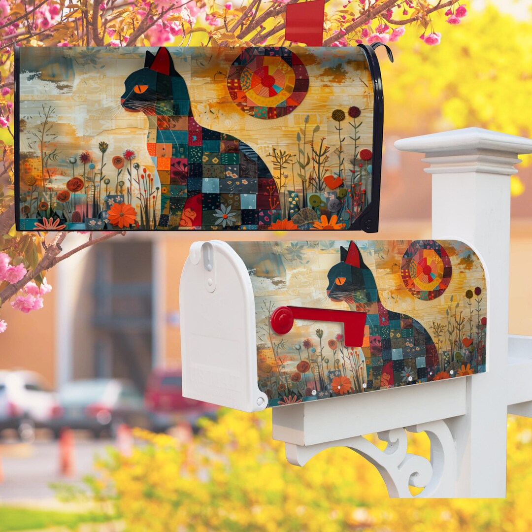 Patchwork Black Cat Magnetic Mailbox Cover – Colorful Folk Art Cat ...