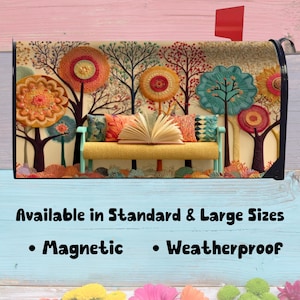 May include: A metal mailbox featuring a colourful illustration of a light blue bench with patterned pillows and an open book, set against a backdrop of stylised trees with circular, textured foliage in shades of orange, teal, and yellow.