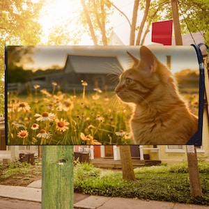 May include: A mailbox featuring a vibrant image of an orange tabby cat gazing at a field of daisies. The background shows a barn and a sunset, creating a serene, pastoral scene. The mailbox is mounted on a wooden post.