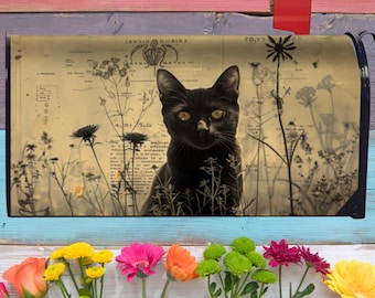 Vintage Cat Decorative Magnetic Mailbox Cover - Botanical Black Cat Sepia Garden Mail Box Wrap