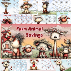 May include: A colourful illustration of cartoon farm animals, such as a horse, sheep, pig, and donkey. The image has a red border and the text "Farm Animal Savings". Each animal is uniquely designed with expressive features and floral accents.