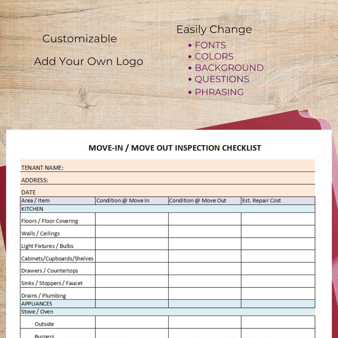 Rental Property Inspection Form: Move-in/out Checklist (excel, PDF) - Etsy