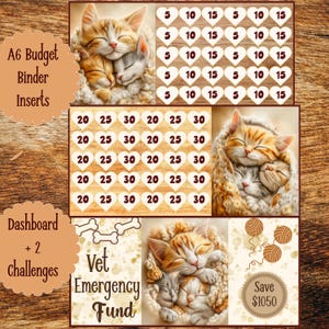 May include: A6 budget binder inserts featuring kitten illustrations and savings challenges. The sheets include heart-shaped icons with numbers 5, 10, 15, 20, 25, and 30, bone outlines, yarn balls, and text reading A6 Budget Binder Inserts, Dashboard + 2 challenges, Vet Emergency Fund, and Save $1050.