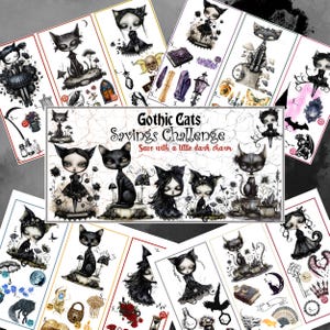 May include: A collection of Gothic-themed stickers and illustrations featuring black cats, gothic dolls, and dark aesthetic elements. The text "Gothic Cats Savings Challenge" is displayed. The illustrations include bats, moons, and other spooky designs.