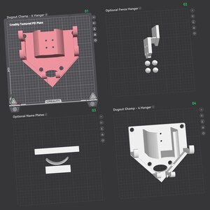 May include: A 3D rendering of baseball-themed dugout accessories. The image shows a pink baseball-shaped hanger, a white fence hanger, optional name plates, and a white baseball-shaped hanger. Text includes "Dugout Champ" and "Creality Textured PEI Plate."