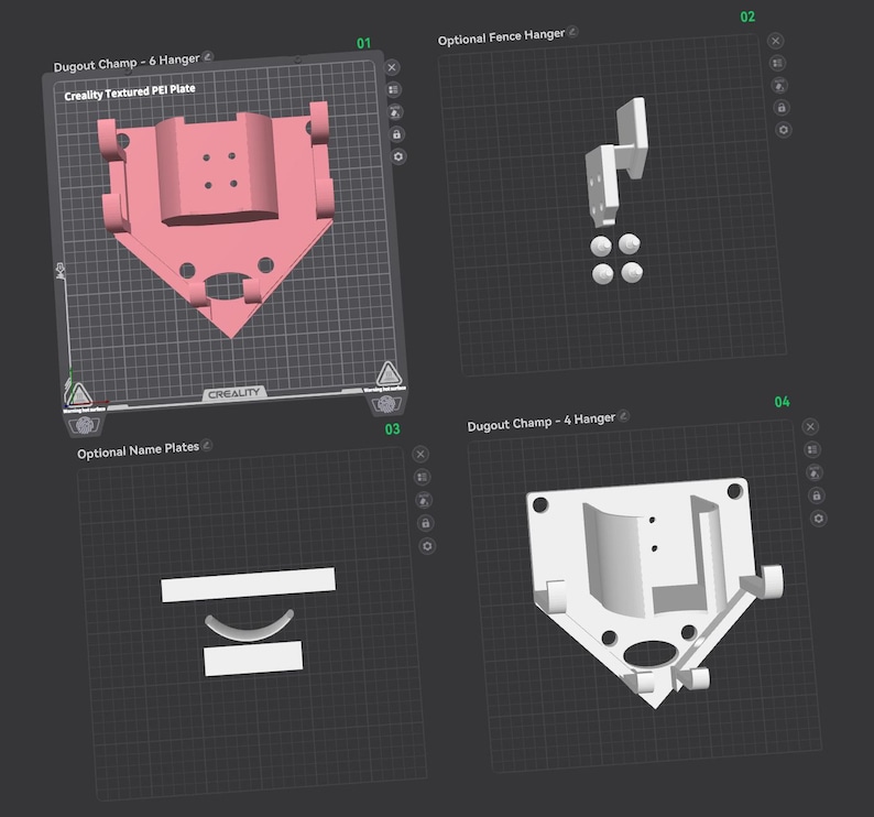 May include: A 3D rendering of baseball-themed dugout accessories. The image shows a pink baseball-shaped hanger, a white fence hanger, optional name plates, and a white baseball-shaped hanger. Text includes "Dugout Champ" and "Creality Textured PEI Plate."