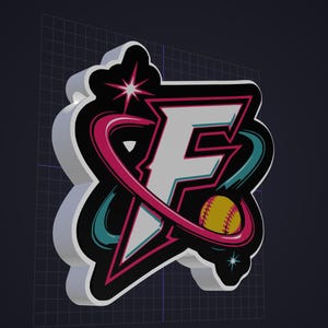 May include: A three-dimensional emblem featuring a large white letter F with a thick black outline. A pink orbital ring encircles the letter, accompanied by a yellow softball with red stitching, teal swooshes, and two small four-pointed stars.