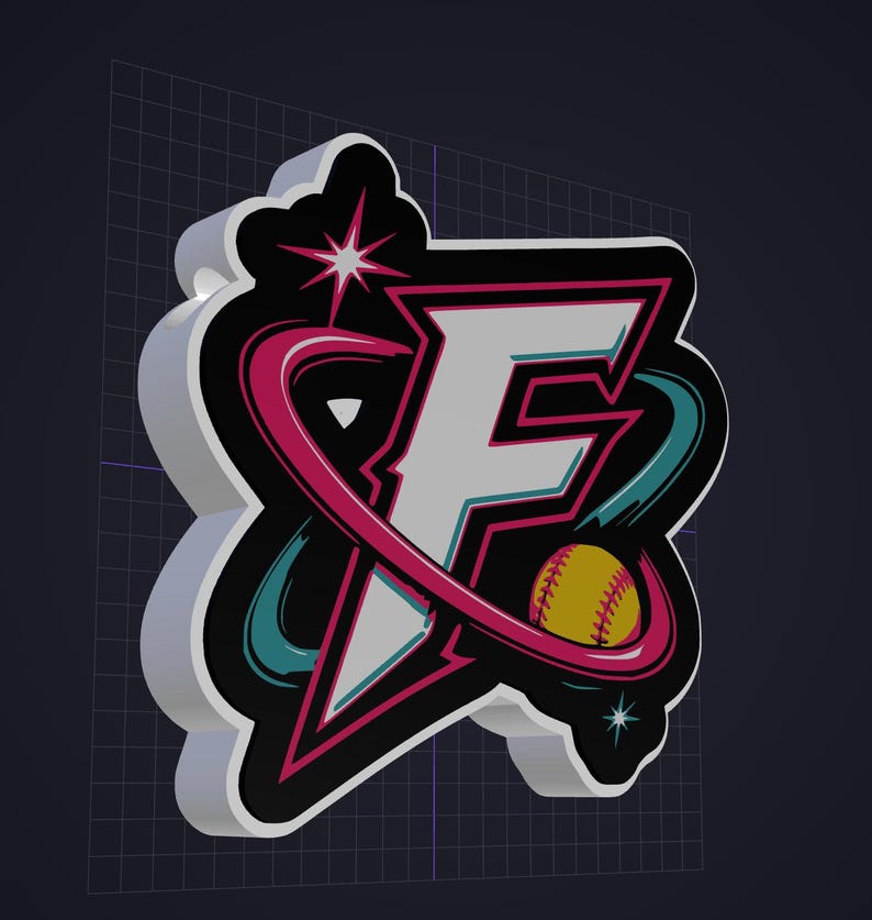 May include: A three-dimensional emblem featuring a large white letter F with a thick black outline. A pink orbital ring encircles the letter, accompanied by a yellow softball with red stitching, teal swooshes, and two small four-pointed stars.
