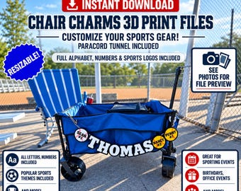 May include: A blue collapsible utility wagon featuring customizable 3D printed chair charms attached to the side. The charms display the name THOMAS in white letters, along with circular tags labeled SEAN #1, NANCY #2, and PENNY #1.