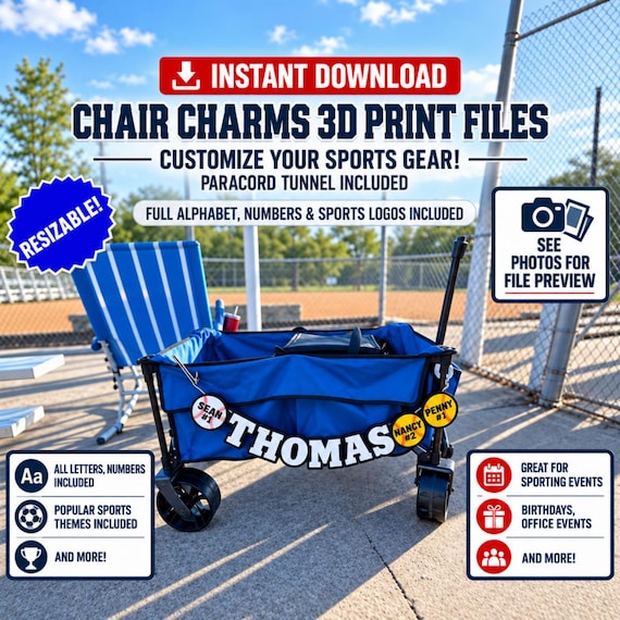 Chair Charms 3D Print File Bundle - 2 Font Styles and Sports  Charms - Digital Download