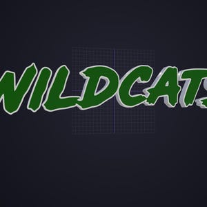 May include: A digital graphic featuring the word WILDCATS in a bold, green, stylized font with a white outline and a three-dimensional gray shadow effect, set against a dark background with a faint grid overlay visible behind the text.