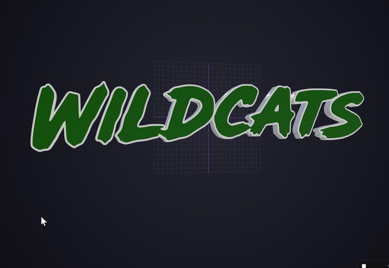 May include: A digital graphic featuring the word WILDCATS in a bold, green, stylized font with a white outline and a three-dimensional gray shadow effect, set against a dark background with a faint grid overlay visible behind the text.