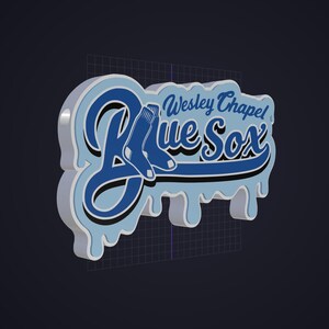 May include: A three-dimensional sign featuring the text Wesley Chapel Blue Sox in dark blue script with a light blue dripping effect border. The design includes a graphic of two socks integrated into the lettering, set against a dark background.