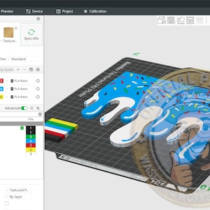 May include: A 3D rendering of a double drip ice cream design in blue and white with colourful sprinkles. The design is on a textured plate, with a colour bar and software interface visible. The image also includes a transparent overlay with text.