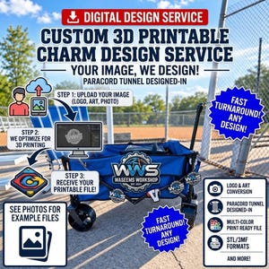 May include: A digital design service for custom 3D printable charms. The graphic displays a three-step process: upload an image, optimize for 3D printing, and receive a file. Features include paracord tunnel design, logo conversion, and STL/3MF formats.