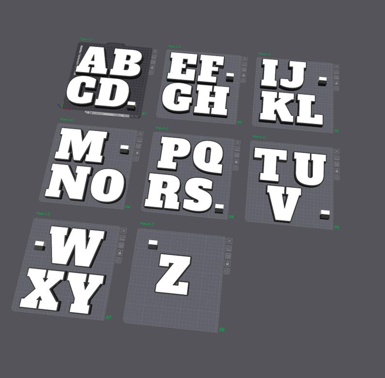 以下が含まれることがあります： 個別の正方形のグリッドプレート上に文字グループとして配置された、英語アルファベット全体のデジタル3Dレンダリング。各文字は、暗い背景に対して、暗い輪郭を持つ太字の白いサンセリフフォントで表現されています。