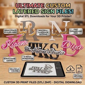 Puede incluir: Una colección de archivos de letreros en capas personalizados impresos en 3D. La imagen muestra varios diseños de letras y nombres en múltiples colores, incluyendo rosa, gris y negro. El texto en la imagen dice "ULTIMATE CUSTOM LAYERED SIGN FILES!" y "Digital STL Downloads for Your 3D Printer!"