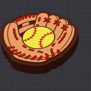 以下が含まれることがあります： 赤いレースのディテールが施されたタンカラーの野球グローブの3Dグラフィック表現で、ポケットの中央に明るい黄色のソフトボールが配置されています。デザインにはダークブラウンの縁取りがあり、グリッド背景の上に層状で盛り上がった外観をしています。