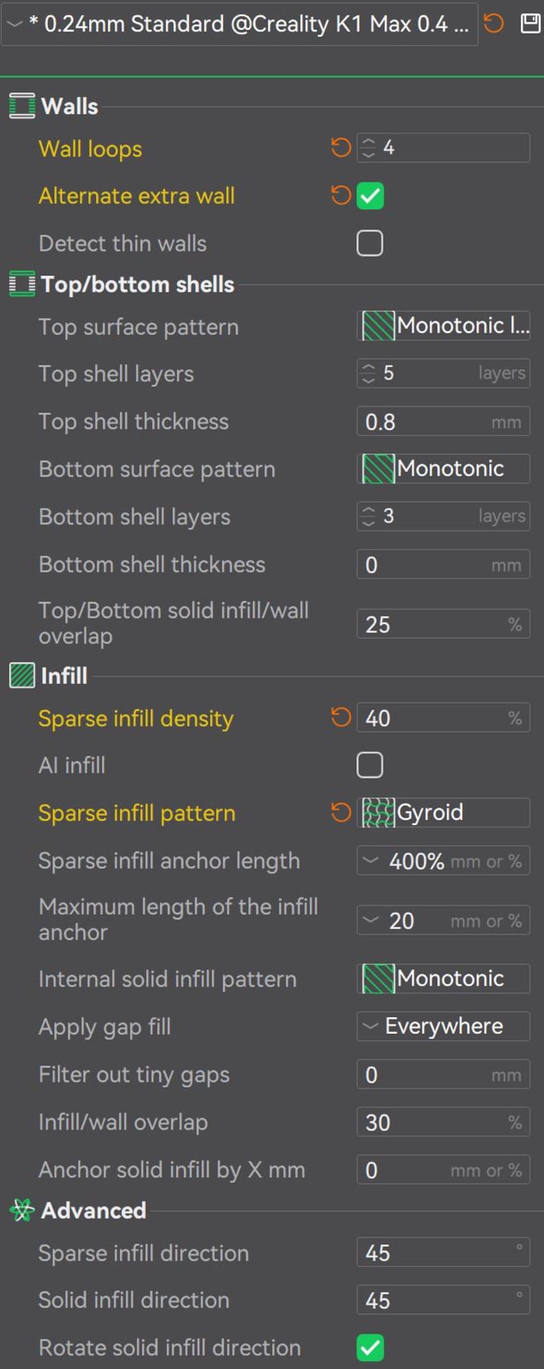 May include: Screenshot of a 3D printing software interface with various settings. Features include wall loops, top/bottom shells, infill density at 40%, and sparse infill pattern set to Gyroid. The interface is displayed on a dark gray background.