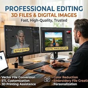May include: A man working on a computer setup with two monitors displaying 3D file editing and digital image editing. The image includes the text "PROFESSIONAL EDITING 3D FILES & DIGITAL IMAGES Fast, High-Quality, Trusted". Additional text lists services like vector file conversion and color reduction.
