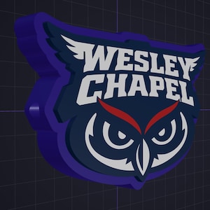 May include: A three-dimensional emblem featuring a stylized owl head in dark blue, white, and red. The text WESLEY CHAPEL is displayed in bold white capital letters across the top. The design has a thick purple border and a layered appearance.