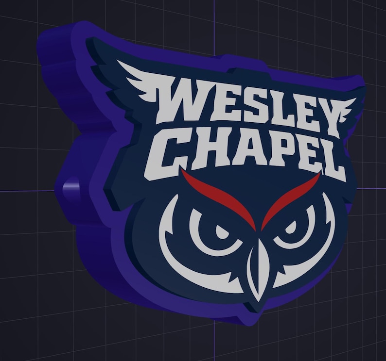May include: A three-dimensional emblem featuring a stylized owl head in dark blue, white, and red. The text WESLEY CHAPEL is displayed in bold white capital letters across the top. The design has a thick purple border and a layered appearance.