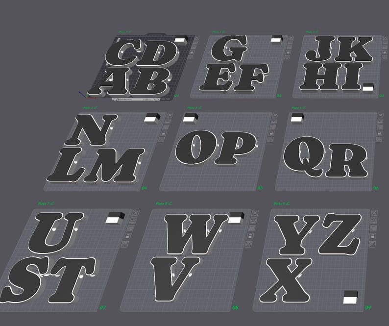 以下が含まれることがあります： 9つのグリッドパターンプレート上に配置された3Dアルファベット文字のデジタル表示。文字は白の輪郭を持つダークグレーで、AからZまでのアルファベット順に並べられ、ピリオドも含まれており、複数のセクションに整理されています。