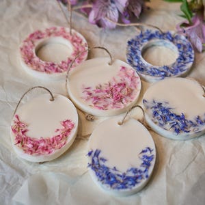 以下が含まれることがあります： 乾燥した花びらで飾られた、白く丸いまたは楕円形のワックスメルトのコレクション。リング状のものもあれば、ソリッドなものもあります。花びらはピンクとブルーで、吊り下げ用の紐が付いています。質感のあるオフホワイトの表面に配置されています。