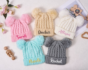 Embroidered Baby Double Pom Pom Hat Personalized Baby Beanie Hat Baby Infant Christmas Gift Baby Shower Gift Monogram Hat Boy Girl Name Hat