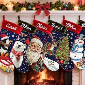 Needlepoint Christmas Stockings Personalized Santa Reindeer Embroidered Stocking with Names Family Stocking