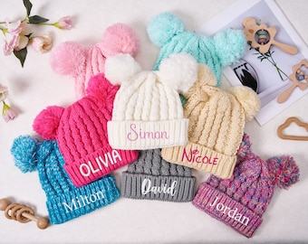 Personalized Baby Double Pom Pom Hat Newborn Baby Hat Christmas Gift Baby Winter Hat Custom Embroidered Gift With Name Baby Double Ball Hat