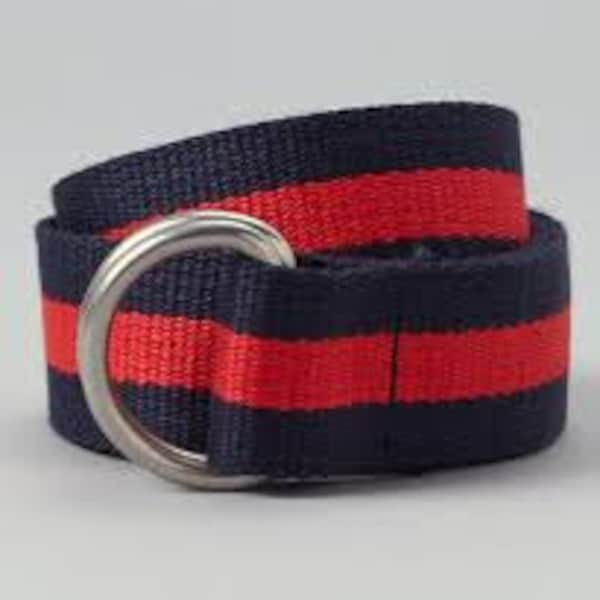 Adult Navy and Red Striped D ring Webbing Belt without metal tips