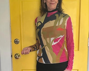 Top de malla con estampado abstracto de Rennie, blusa transparente de manga larga, arte para vestir.