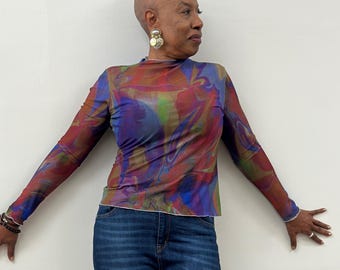 Original Art Mesh Top, Jewel Tone Long Sleeve Shirt
