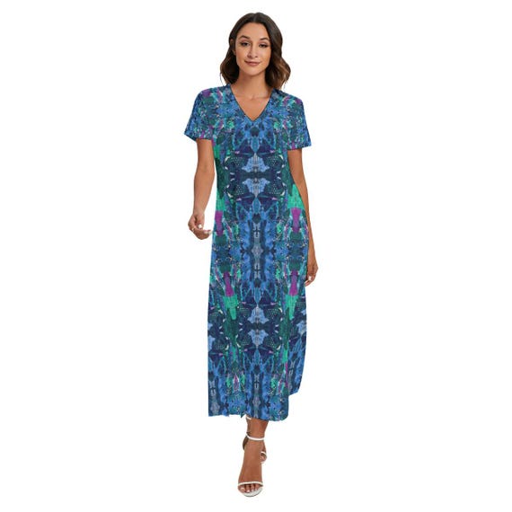 jersey travel dress Rashida V-neck Maxi Dress: Blue Green 2024 last 350 days created