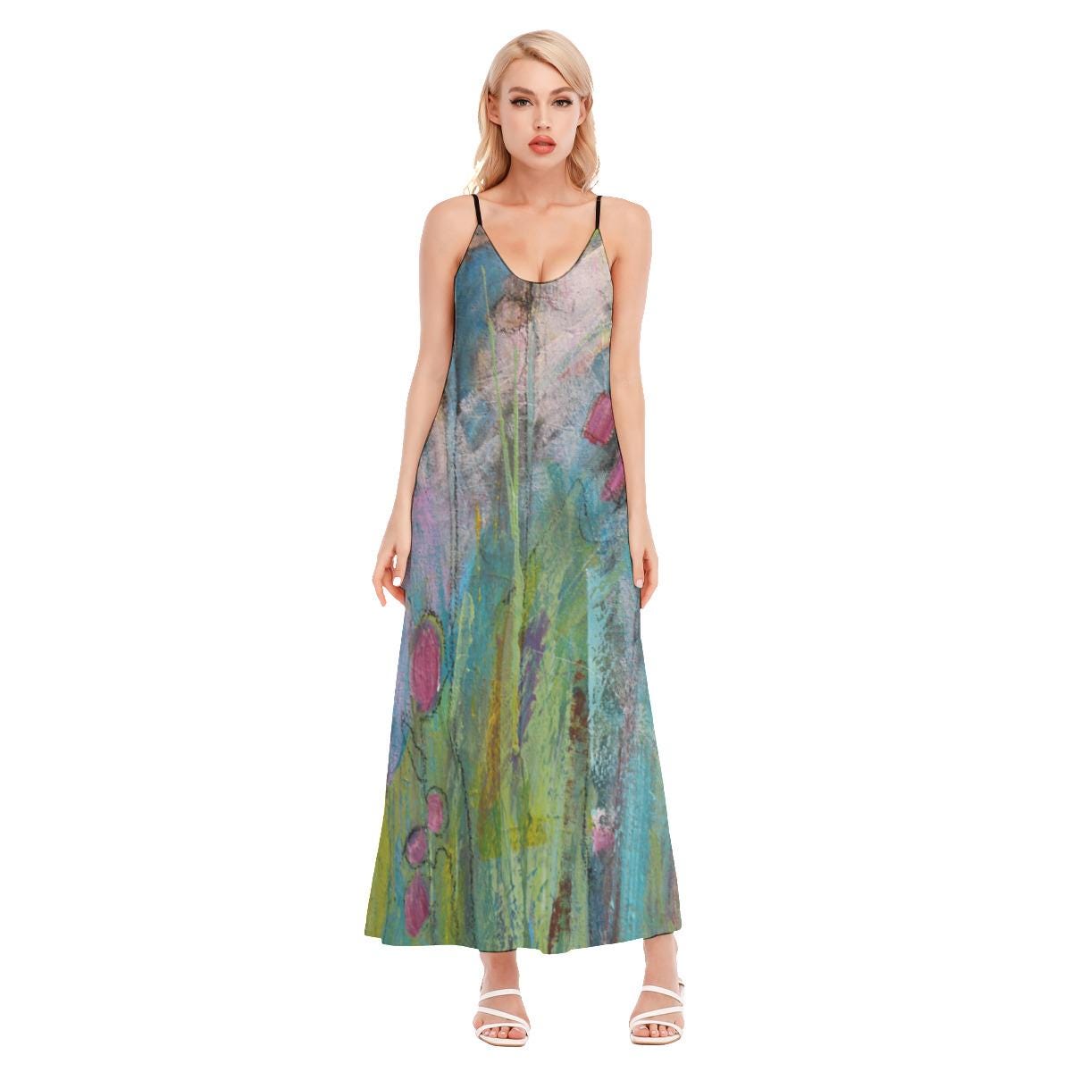 chinese dress ladies Monet Garden Print Sleeveless Long Dress - Multicolor