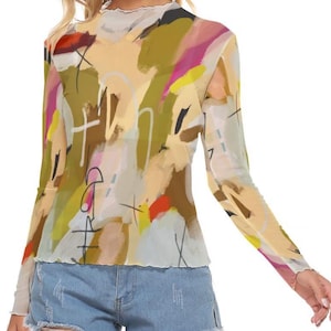Mesh top featuring an abstract design; great for travel or layering for work; Women&#39;s mesh top, long sleeves, wearable art, sheer blouse.