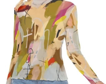 Top de malla con estampado abstracto Cecily, blusa de manga larga transparente