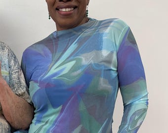 Selena Abstract Swirl Mesh Top, Long Sleeve Sheer Blouse, Wearable Art