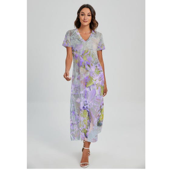 Camille Lavender Floral Long Dress: V-Neck Jersey Knit Summer Dress Camille Lavender Floral Long Dress: V-Neck Jersey Knit Summer Dress