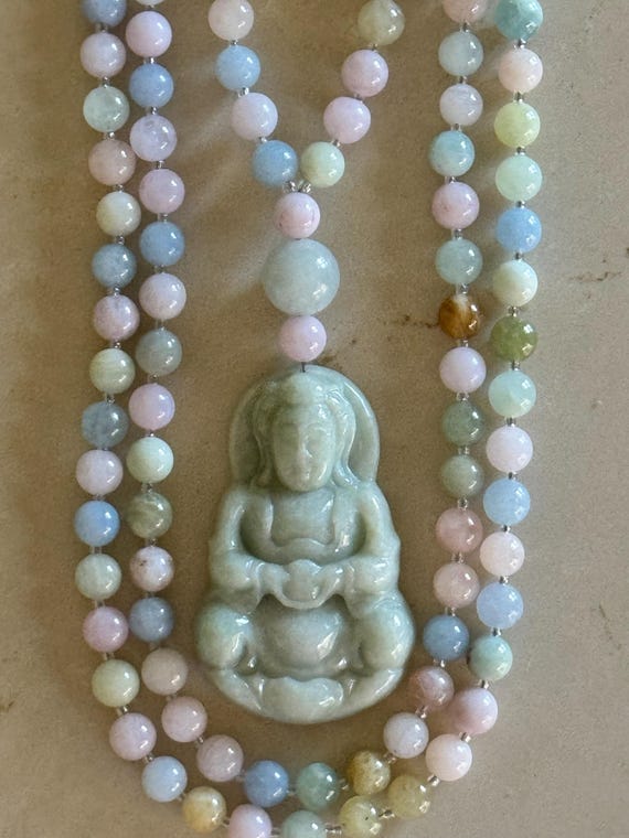 108 Beads Beryl (Morganite) and Jade Mala Beads/Prayer Beads