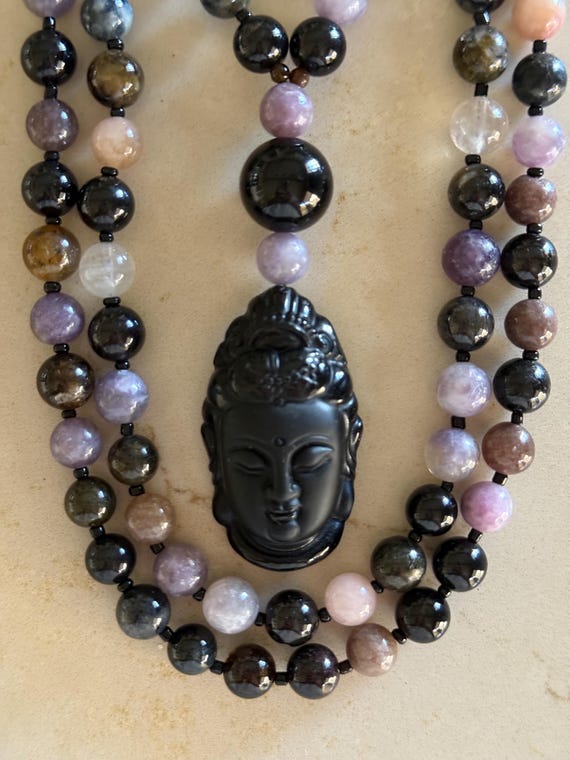 Watermelon Tourmaline and Obsidian Mala/Prayer Beads