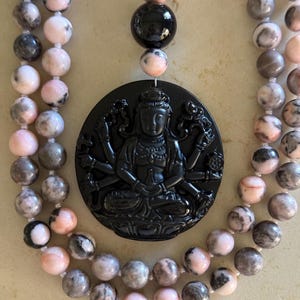 Pink Zebra Jasper and Obsidian Mala/Prayer Beads