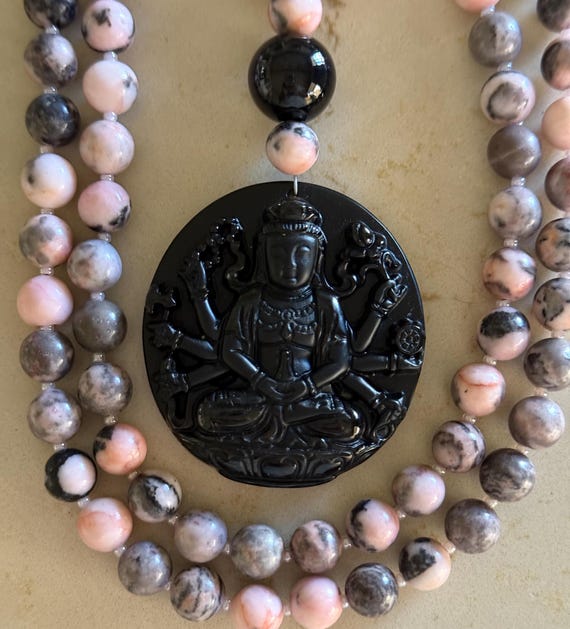 Pink Zebra Jasper and Obsidian Mala/Prayer Beads